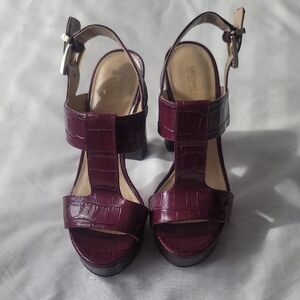 Michael Kors Women's Burgundy Croc-Embossed Block Heel Sandals
